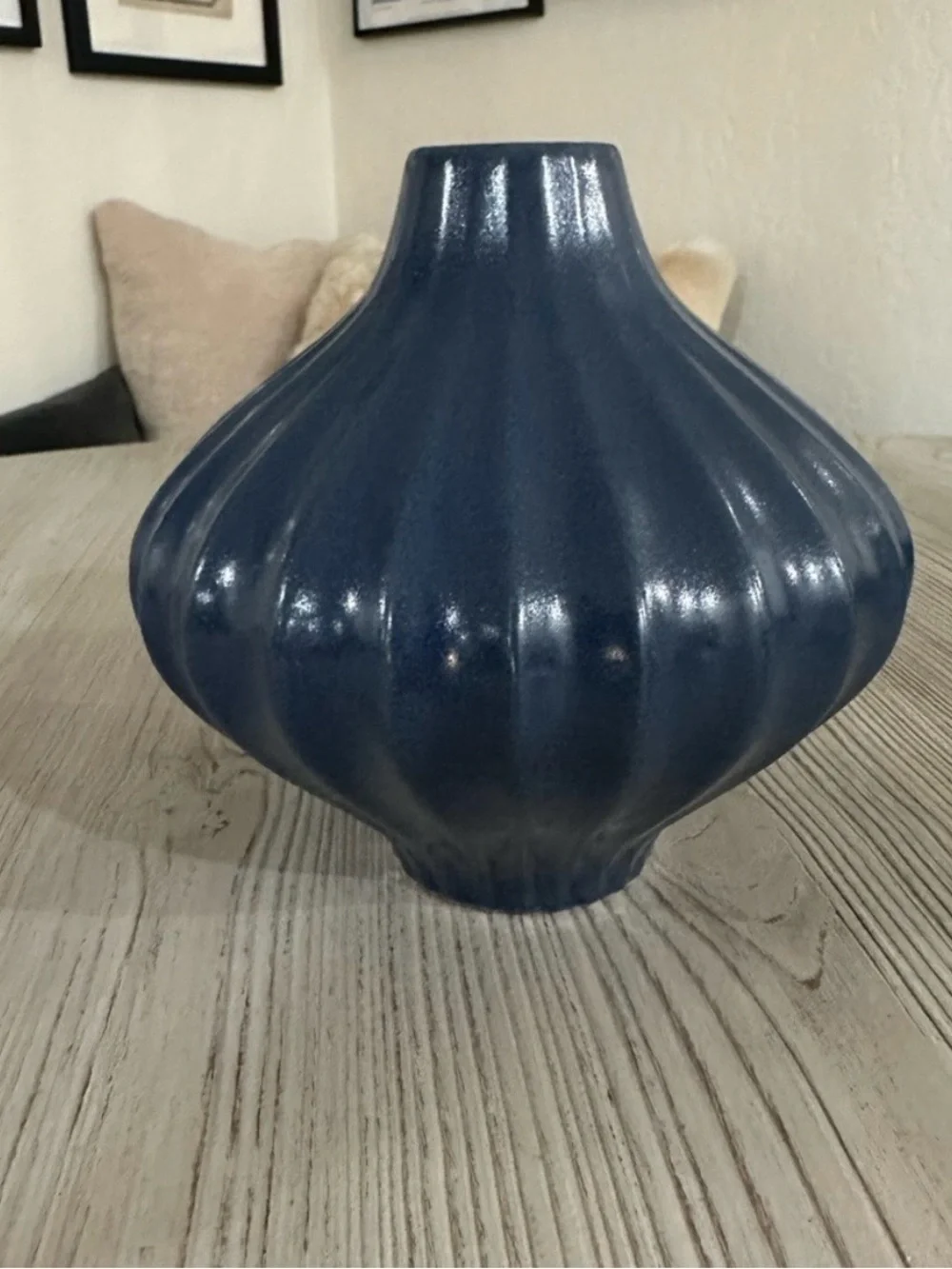 Jonathan Adler 6” Squash Vase Blue Ribbed Ceramic Vase - Decorative Home Accent